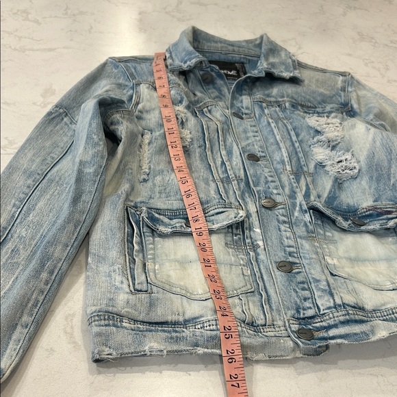 Preme Light Blue Distressed Whitewash Denim Jean Button Down Men’s Jacket Medium - Picture 10 of 16